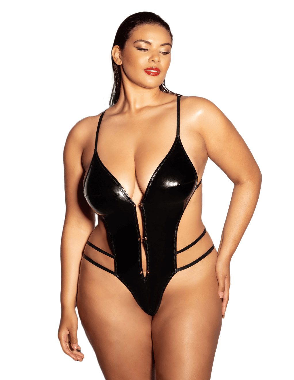 Whipped Crotchless Vinyl Teddy - Black - Main Curve
