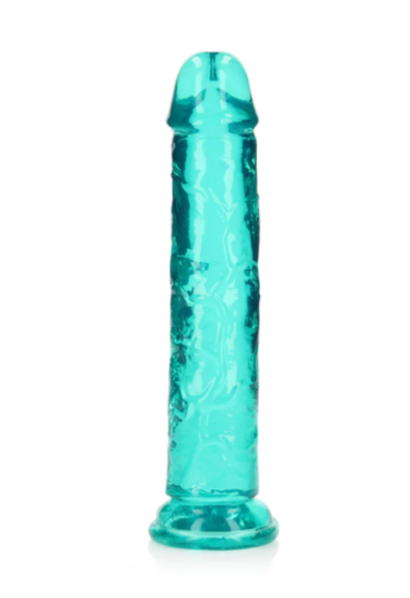 DILDO REALISTA CRYSTAL CLEAR RECTO 8" CON VENTOSA TURQUESA REALROCK