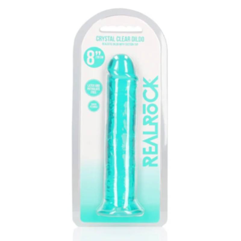 DILDO REALISTA CRYSTAL CLEAR RECTO 8" CON VENTOSA TURQUESA REALROCK