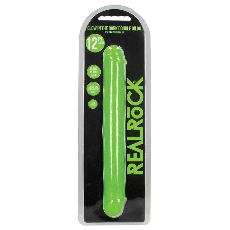 Doble Dildo 12" Brilla En La Oscuridad Verde Neon Realrock