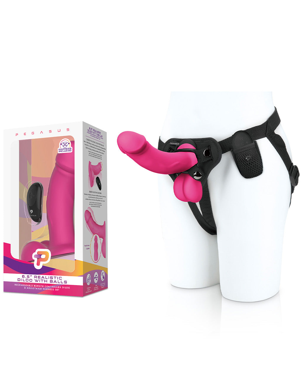 Pegasus 6.5" Realistic Dildo with Balls Strap-On Set- Package