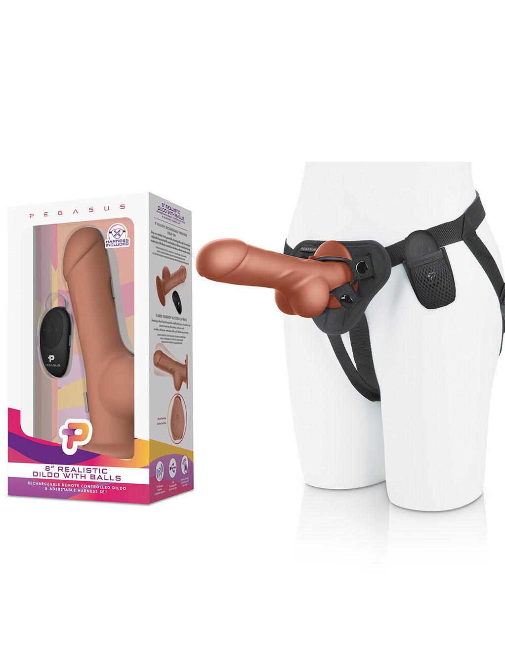 Pegasus 8" Realistic Dildo with Balls Strap-On Set- Package